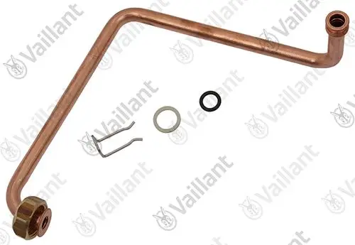 Vaillant Rohr mit gebogenem Kupferrohr, einem Flansch, zwei Dichtungen und einem Halterungsclip, geeignet für Heizungsanwendungen.